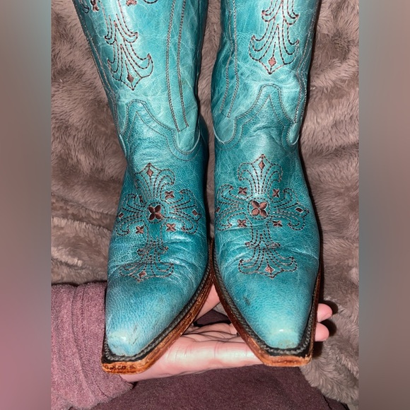 💎PECOS BILL Turquoise Leather Western Cowgirl Boots Embroidery Crosses 8.5 - Picture 6 of 16